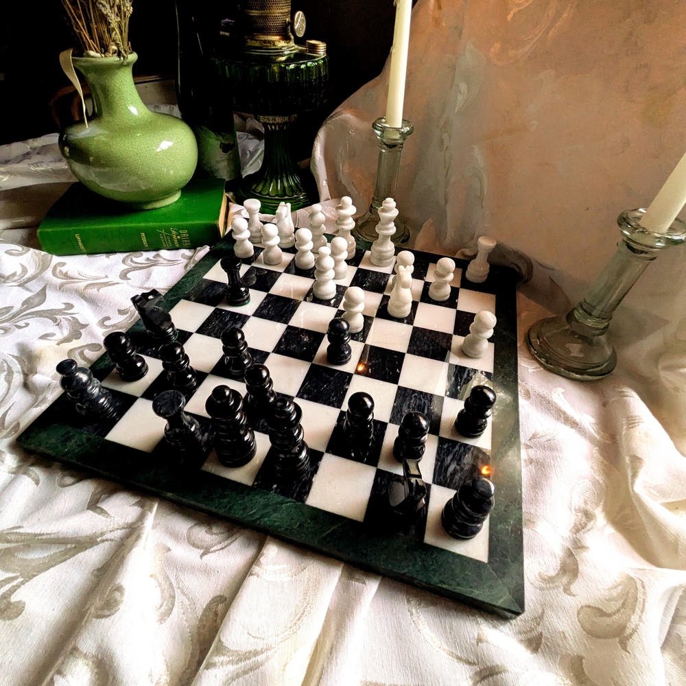Vintage Marble Chess Board With Matching Pieces